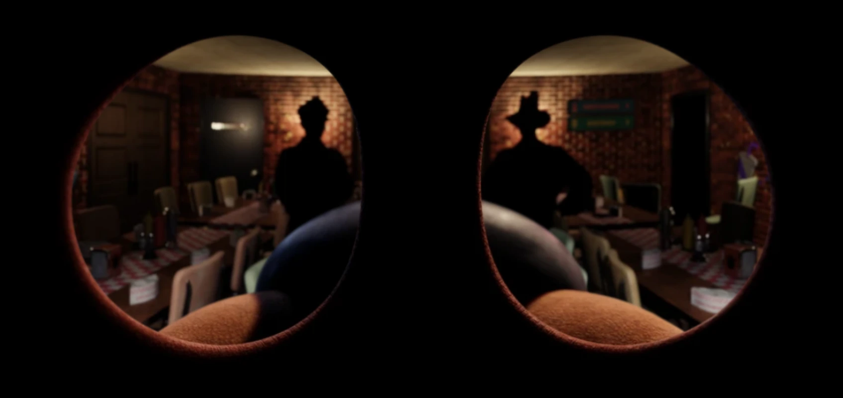 A Bite at Freddy's screenshot showing an animatronic viewpoint inside a dim restaurant scene
