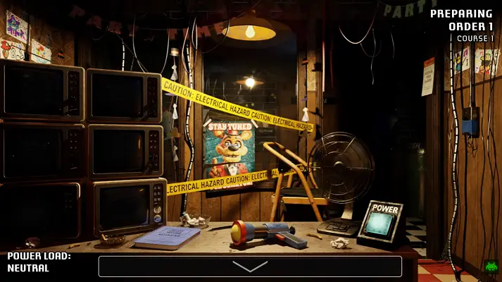 A Bite at Freddy's office screenshot showing screens, caution tape, and the power load interface used during browser play