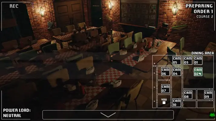 A Bite at Freddy's screenshot showing the dining area security camera grid and room surveillance interface