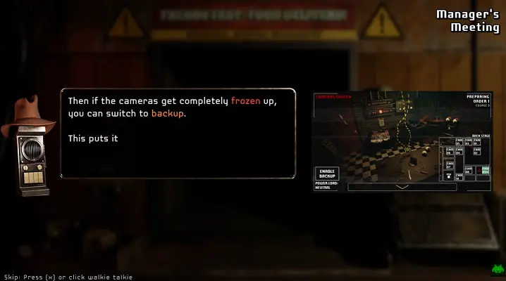 A Bite at Freddy's screenshot showing a manager meeting style tutorial scene with backup camera instructions