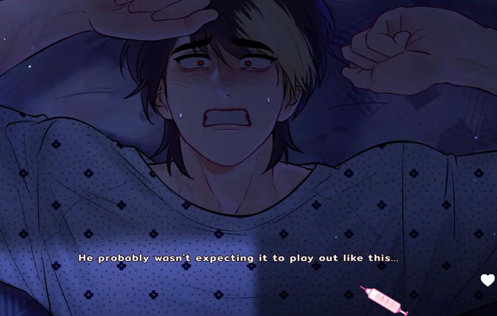 A frightened character lying on a pillow in a dark blue scene with raised hands and dialogue text