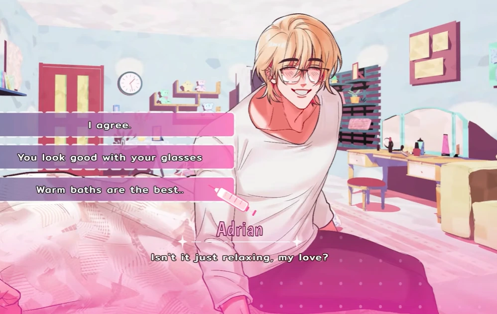 Adrian wearing glasses in a pastel bedroom while three pink dialogue choices appear on the left