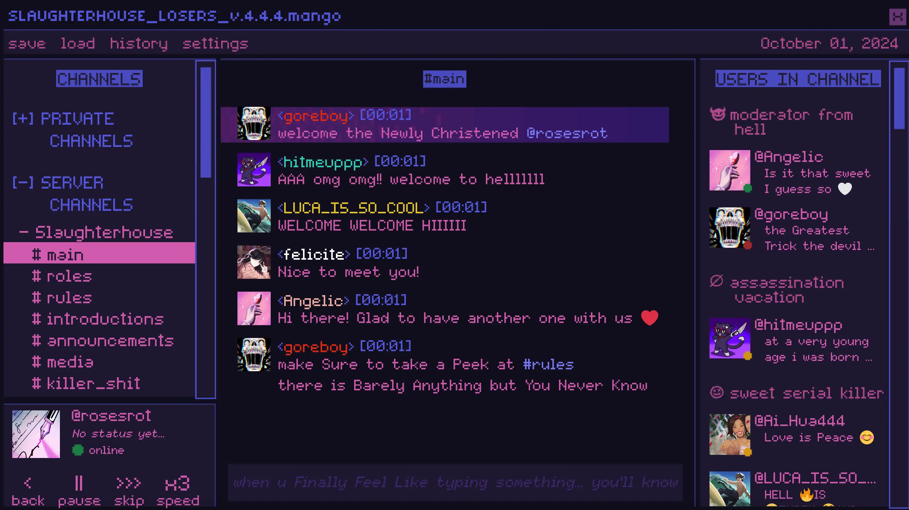 Killer Chat screenshot showing the Slaughterhouse Losers chat server and active user list