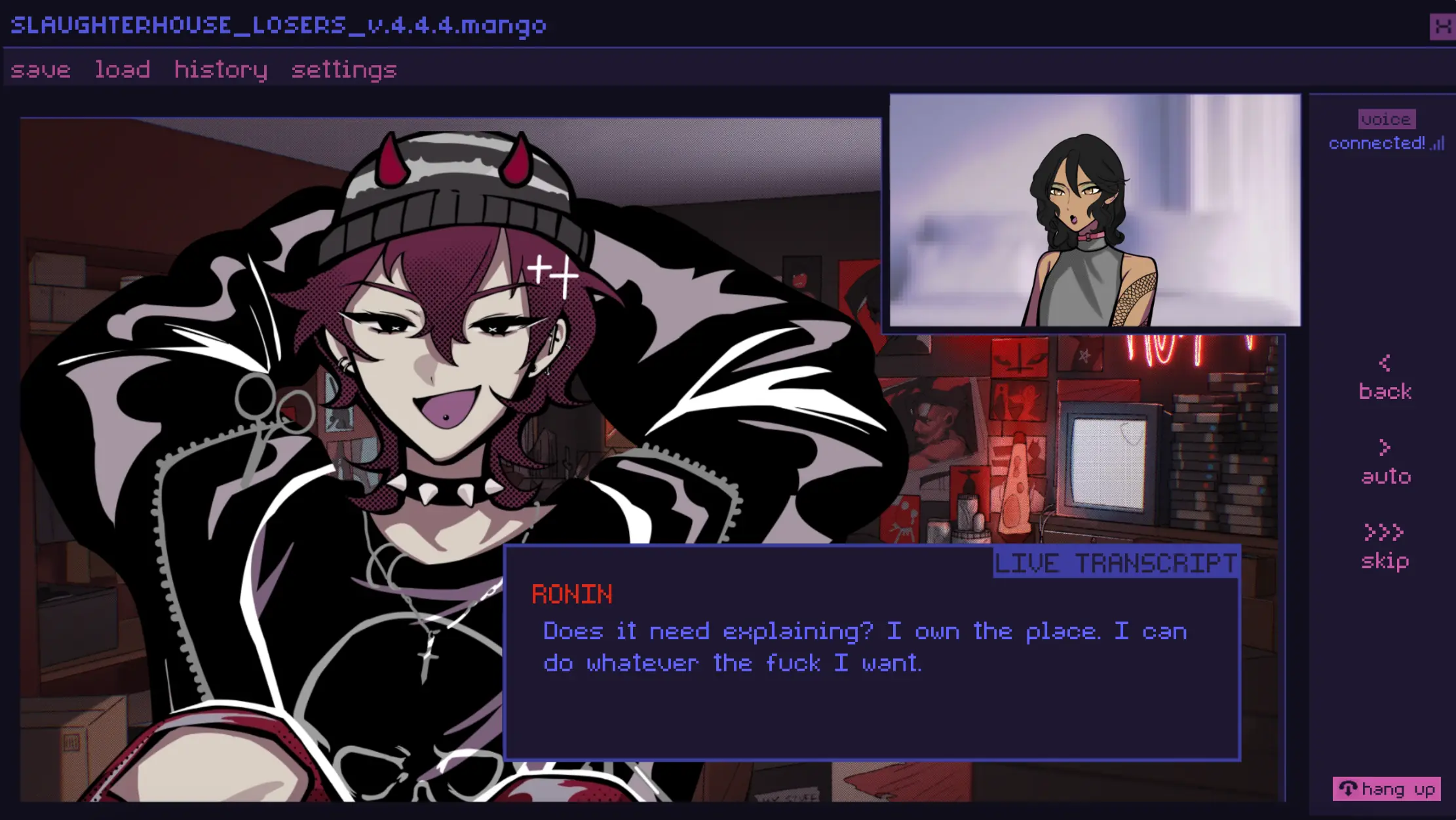Killer Chat screenshot showing Ronin in a voice call scene with live transcript dialogue