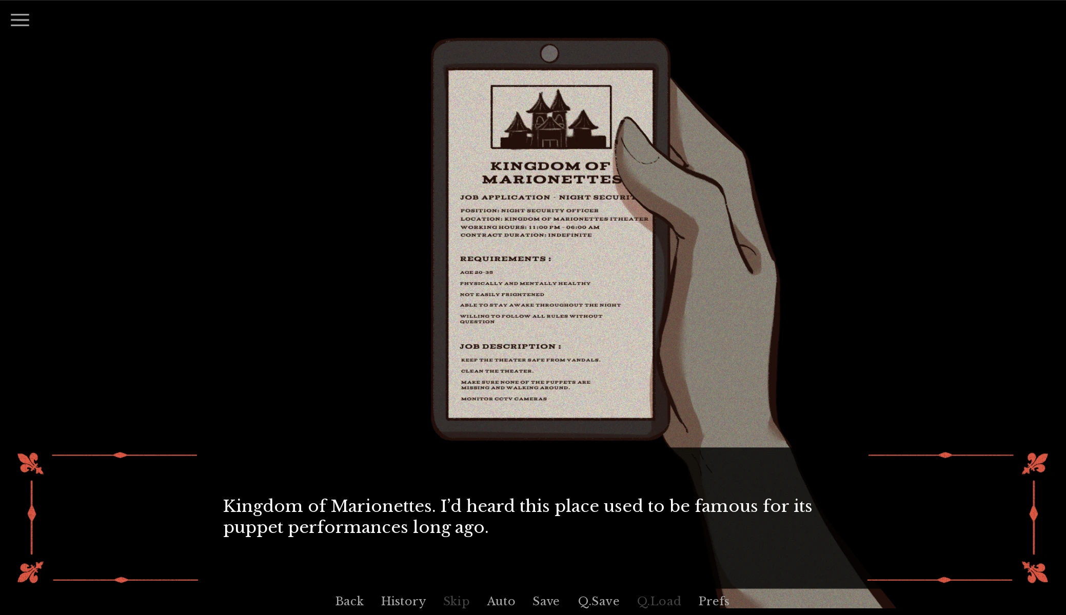 Kingdom Of Marionettes screenshot showing the theater lobby and backstage mood