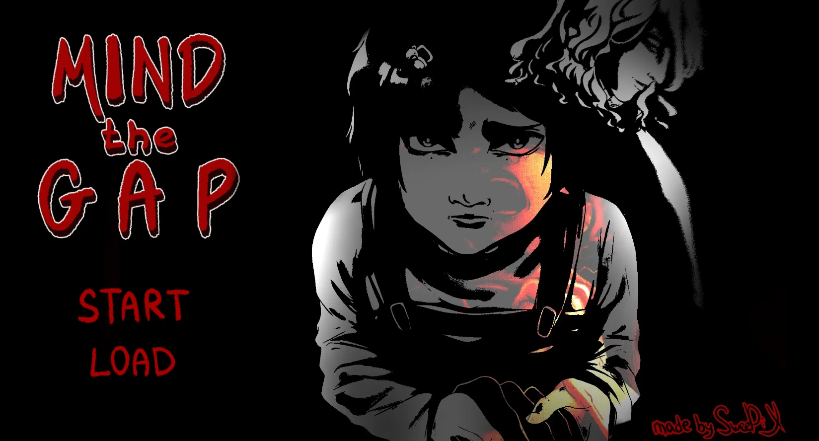Mind the Gap title screen showing the central character and a looming figure behind her