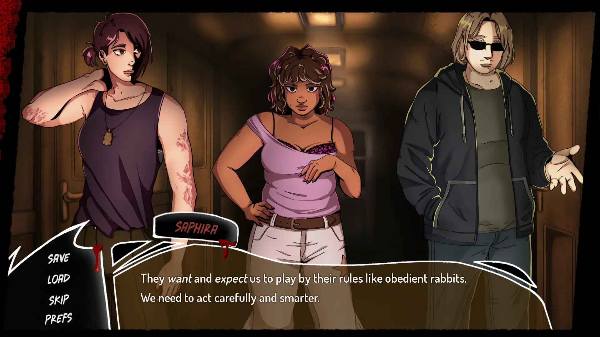 Mind the Gap scene with several characters facing pressure together in a confined hallway