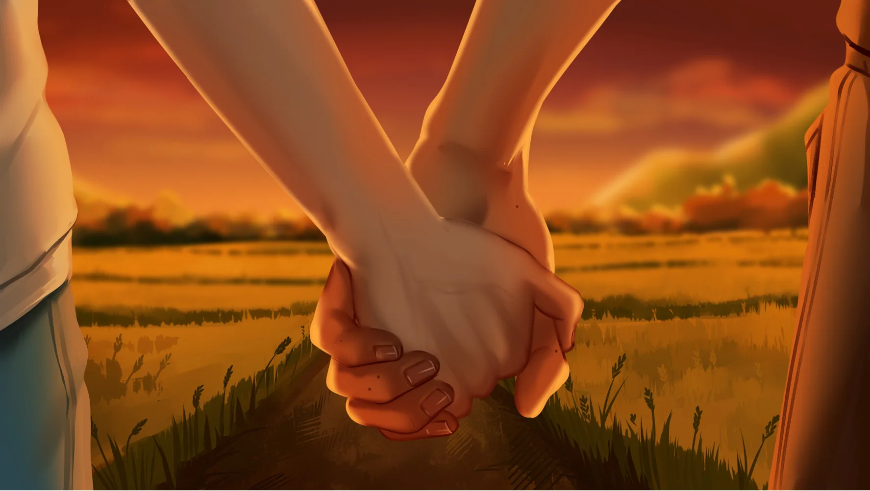 Two characters holding hands in a golden farm field in The False Sun