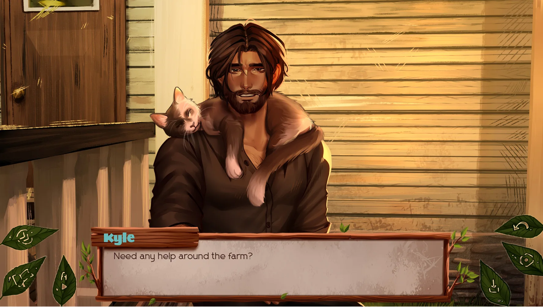 Kyle holding a cat during a farmhouse dialogue scene in The False Sun